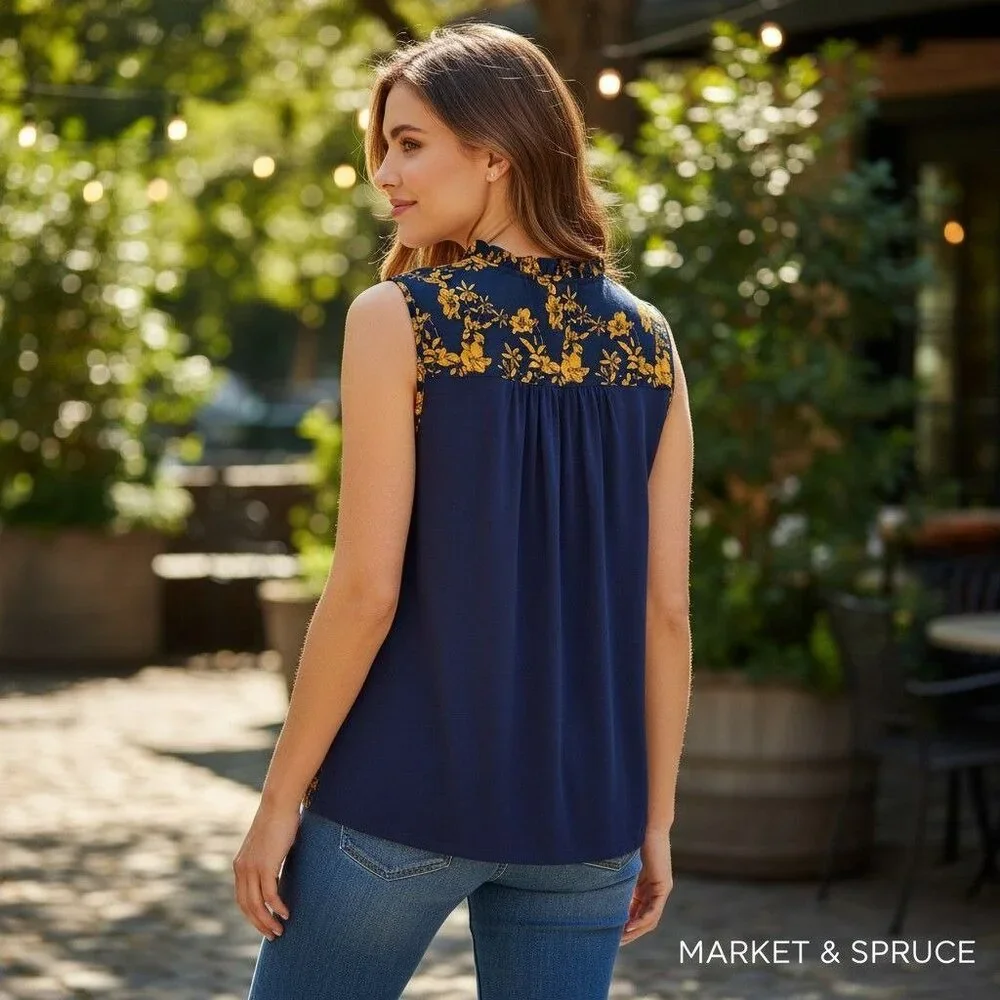Market & Spruce Floral Sleeveless Ruffle Blouse Navy & Yellow Womens Large - Picture 2 of 14